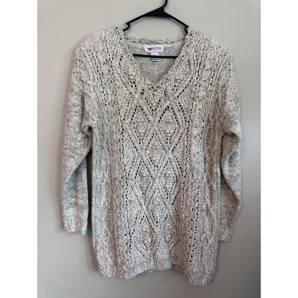 Cristina Sweaters - Vintage‎ 100% Ramie/Cotton Knotted Crochet Oatmeal Sweater 3/4 Sleeve Size SMALL